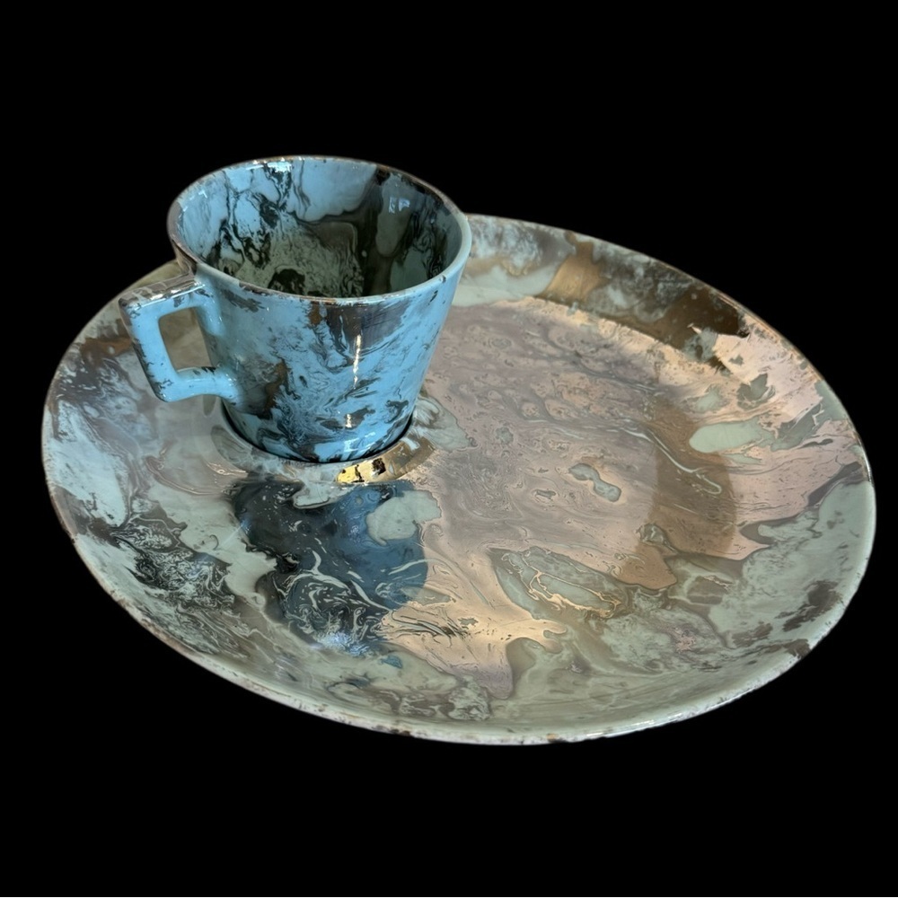 Sasha Brastoff Snack Plate Cup SET Surf Ballet Pattern Turquoise Platinum Marble